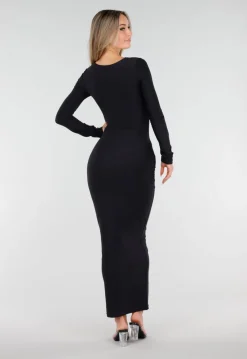 Zwarte Super Stretch Maxi Jurk met Lange Mouwen en Push Up Pads