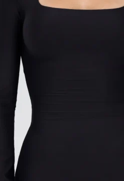 Zwarte Super Stretch Maxi Jurk met Lange Mouwen en Push Up Pads