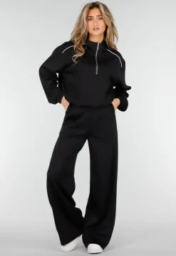 Zwarte Sweater met Halve Rits en Elastische Boorden
