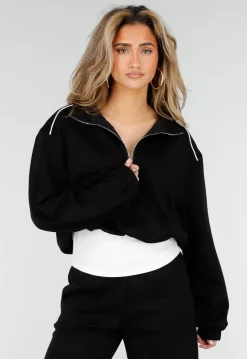Zwarte Sweater met Halve Rits en Elastische Boorden