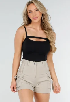 Zwarte Top met Cut-Out, Spaghetti Bandjes en Stretch Pads