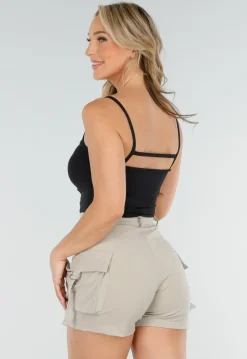 Zwarte Top met Cut-Out, Spaghetti Bandjes en Stretch Pads