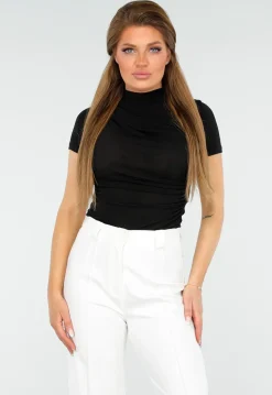 Zwarte Top met Gedrapeerde Details en Subtiele Glans