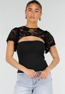 Zwarte Top met Kant Details en Korte Mouwen