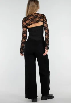 Zwarte Top met Kant, Stretch en Cut-Out Detail