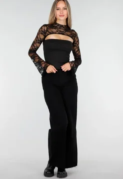 Zwarte Top met Kant, Stretch en Cut-Out Detail