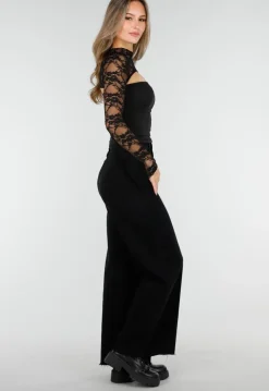 Zwarte Top met Kant, Stretch en Cut-Out Detail