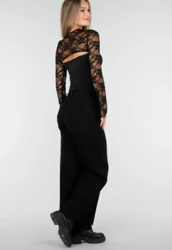 Zwarte Top met Kant, Stretch en Cut-Out Detail