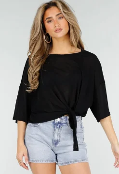 Zwarte Top met Knoopdetail en Korte Mouwen
