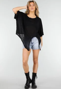 Zwarte Top met Knoopdetail en Korte Mouwen