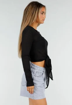 Zwarte Top met Knoopsluiting, Strik en Lange Mouwen