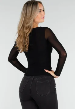 Zwarte Top met Mesh Mouwen en Hartvormige Halslijn