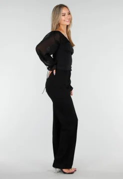 Zwarte Top met Mesh Mouwen en Korsetvormig Lijfje