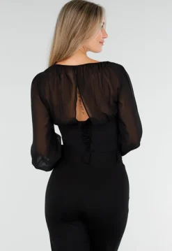 Zwarte Top met Mesh Mouwen en Korsetvormig Lijfje