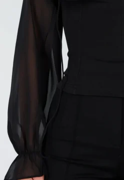 Zwarte Top met Mesh Mouwen en Korsetvormig Lijfje