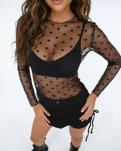 Zwarte Transparante Mesh Top met Lange Mouwen en Stippen