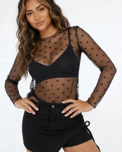 Zwarte Transparante Mesh Top met Lange Mouwen en Stippen