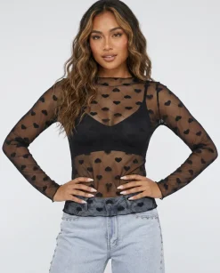Zwarte Transparante Mesh Top met Hartjes en Lange Mouwen