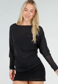 Zwarte Transparante Mesh Top met Lange Mouwen en Stretch