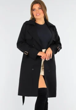 Zwarte Trenchcoat met Knoopsluiting en Gespjes