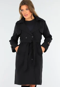 Zwarte Trenchcoat met Knoopsluiting en Gespjes