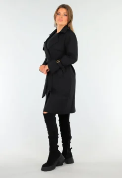 Zwarte Trenchcoat met Knoopsluiting en Gespjes