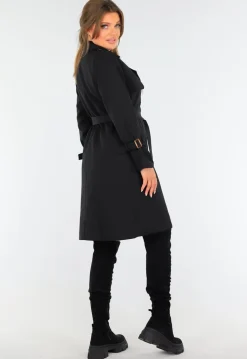 Zwarte Trenchcoat met Knoopsluiting en Gespjes