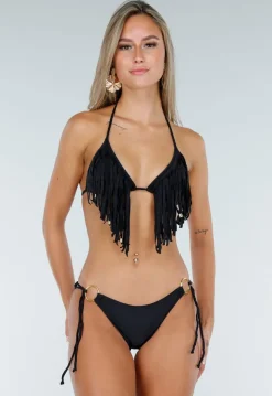 Zwarte Triangel Bikini Top met Franjes