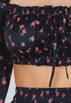 Zwarte Tweedelige Set met Bloemenprint, Kant en Pofmouwen