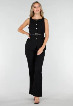 Zwarte Two Piece Set met Goudkleurige Knopen en Ceintuur