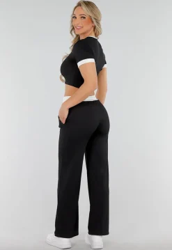Zwarte Two Piece Set met Lange Broek en Korte Top met Colorblockingdetails