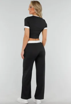 Zwarte Two Piece Set met Lange Broek en Korte Top met Colorblockingdetails