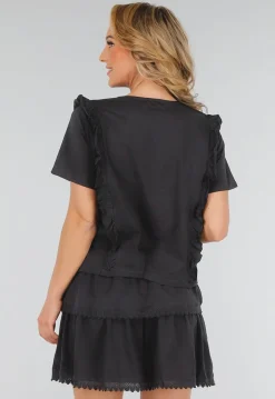 Zwarte Two Piece Set met Ruches, Korte Mouwen en Embroidery details