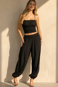 Zwarte Two Piece Set met Smock Top en Wijde Broek