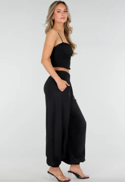 Zwarte Two Piece Set met Smock Top en Wijde Broek