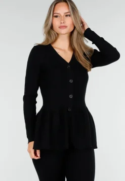 Zwarte Two-Piece Set met Uitlopende Top en Geribde Flare Broek