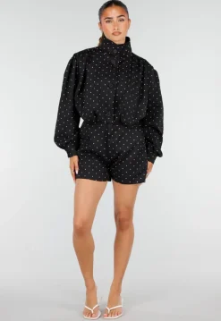 Zwarte Two Piece Set met Witte Stippen en Kraag