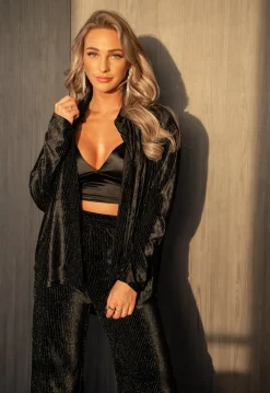 Zwarte Velvet Glitter Two Piece met Wide Leg Broek