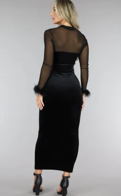 Zwarte Velvet Korset Look Jurk met Veren