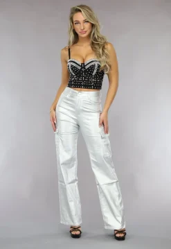 Zwarte Voorgevormde Glitter Top met Korset Look