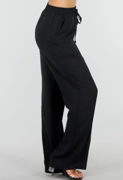 Zwarte Wide Leg Broek met Elastische Taille en Strikkoord
