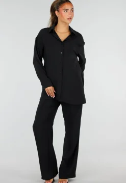Zwarte Wide Leg Broek met Elastische Taille en Strikkoord