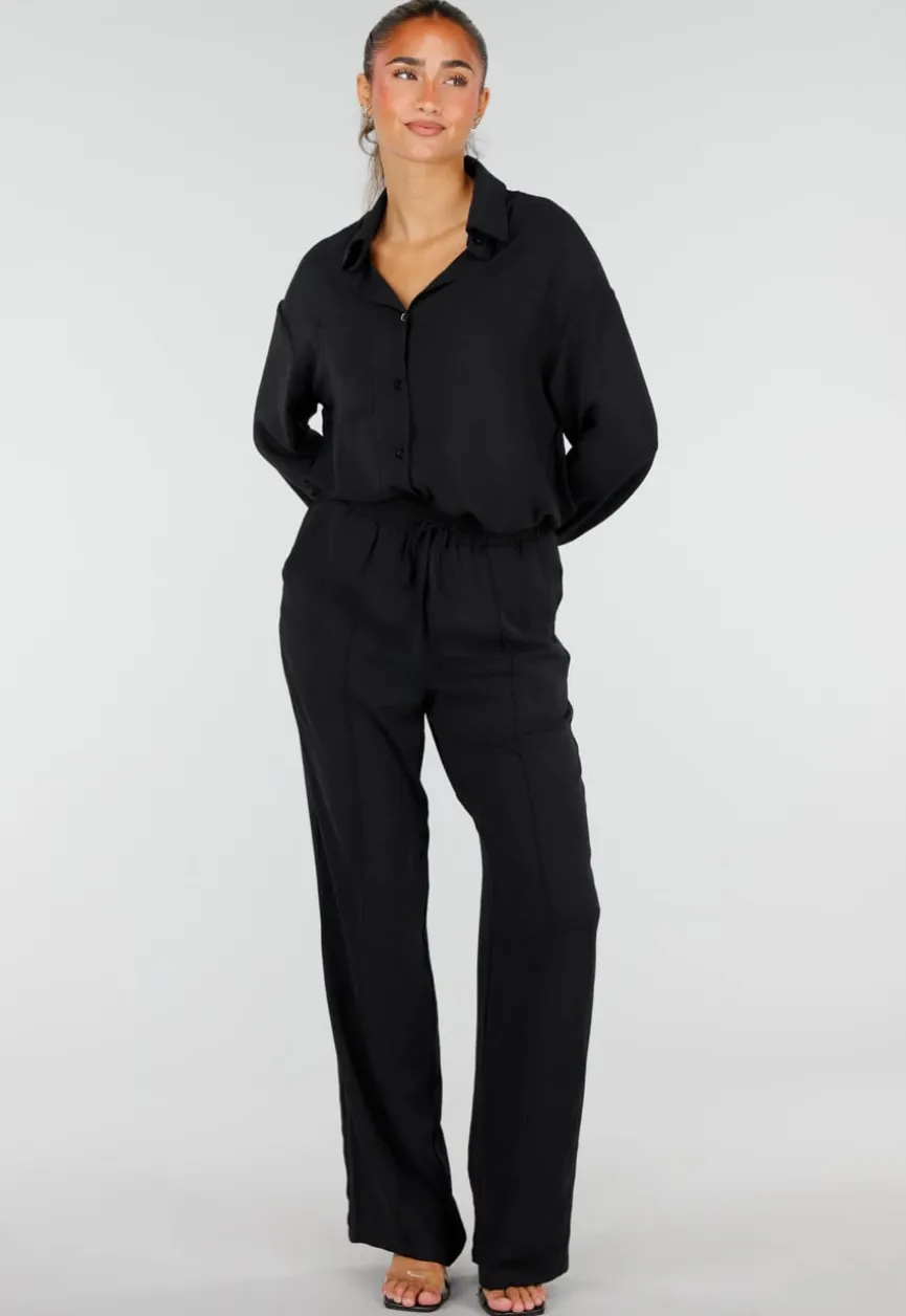 Zwarte Wide Leg Broek met Elastische Taille en Strikkoord