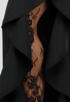 Zwarte Wide Leg Broek met Ruffle Detail en Kant Split
