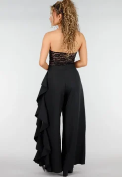 Zwarte Wide Leg Broek met Ruffle Detail en Kant Split