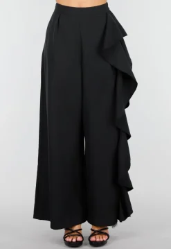 Zwarte Wide Leg Broek met Ruffle Detail en Kant Split