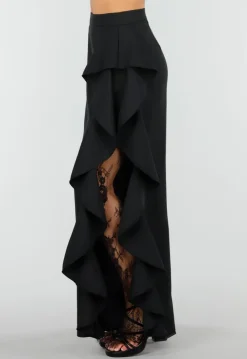 Zwarte Wide Leg Broek met Ruffle Detail en Kant Split