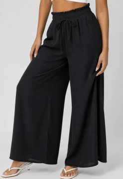 Zwarte Wide Leg Broek met Smock Taille en Strikkoord