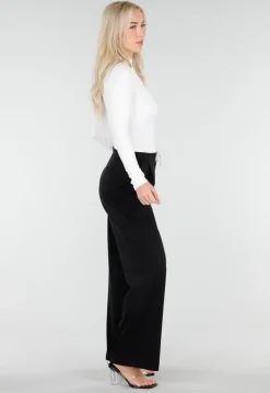 Zwarte Wide Leg Broek met Witte Tailleband en Strikdetail