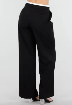 Zwarte Wide Leg Broek met Witte Tailleband en Strikdetail